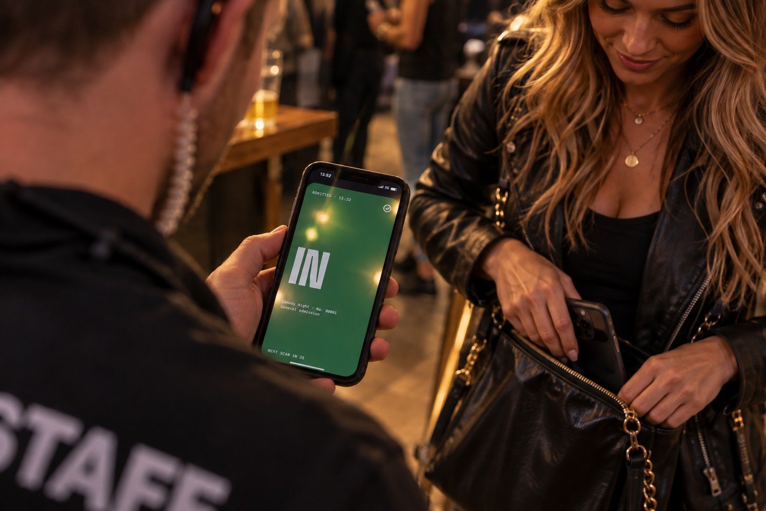 Door staff holding a phone showing the green IN screen as a guest puts her ticket away