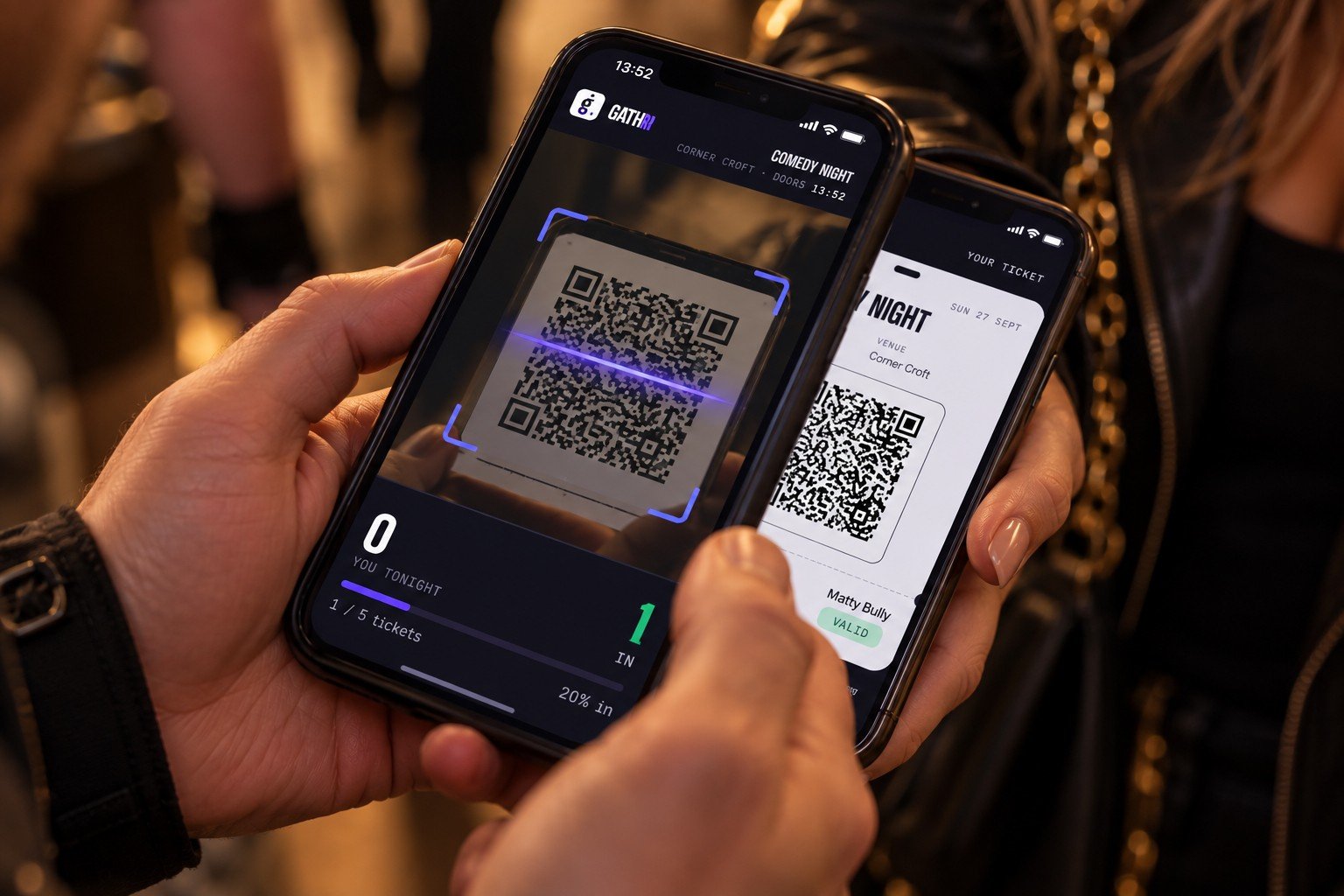 Door staff scanning a guest's QR ticket with the GATHR scanner on a phone
