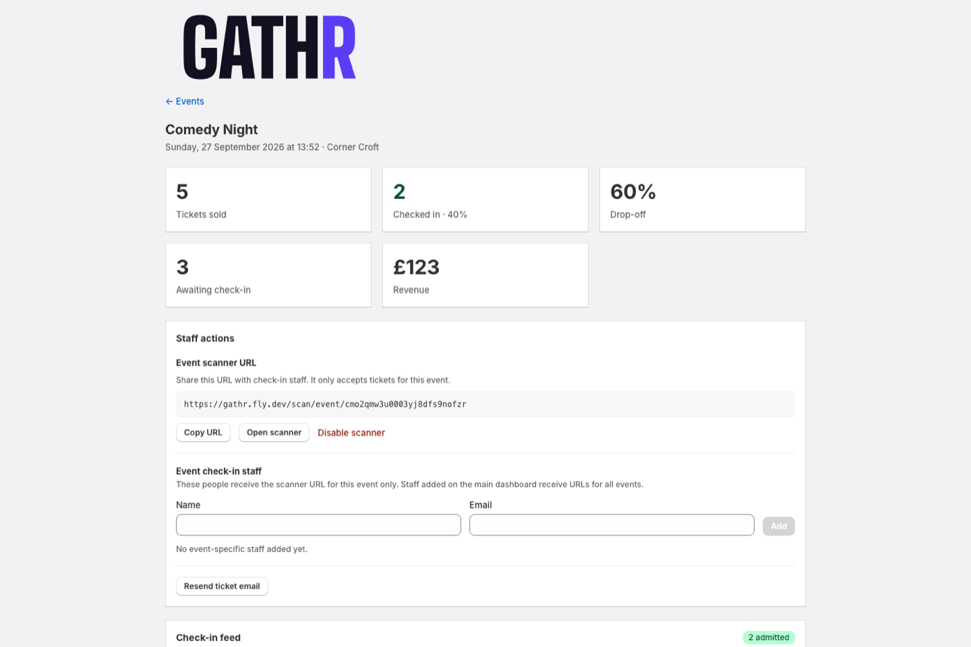 An event page inside Shopify admin showing tickets sold, checked in, drop-off and the scanner link