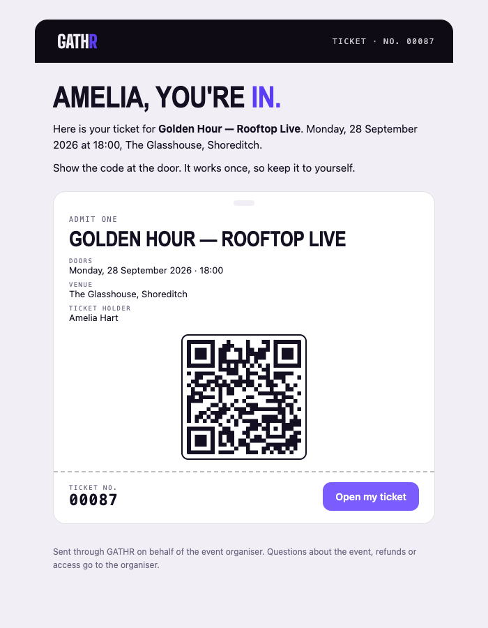 A GATHR ticket email with the event details and QR code